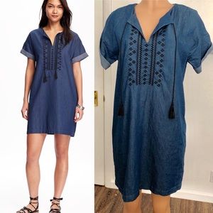 Old Navy Embroidered-Front Chambray Shift Dress